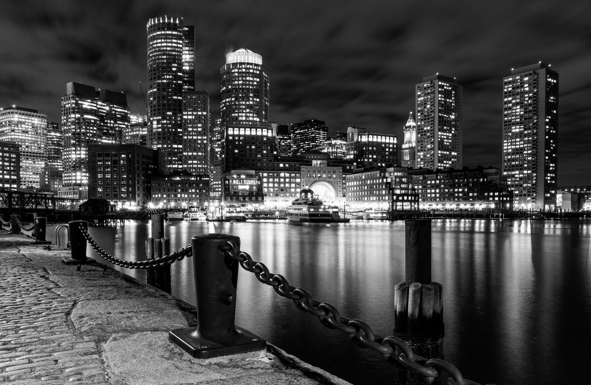 Boston harbor skyline at night